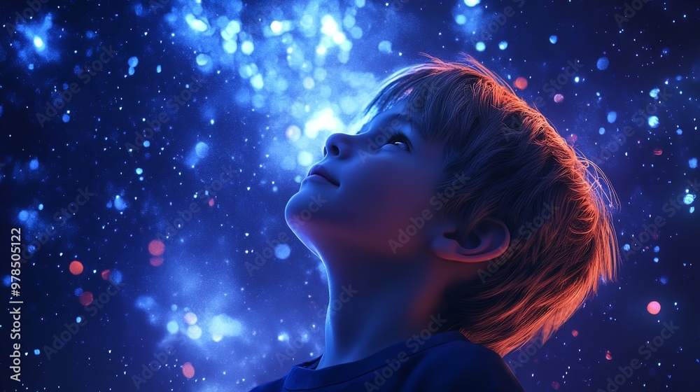 A back view of a young boy sitting on a blanket, gazing at a vast, starry night sky filled with bright stars and cosmic wonders. A back view of a young boy sitting on a blanket, gazing at a vast, starry night sky filled with bright stars and cosmic wonders.