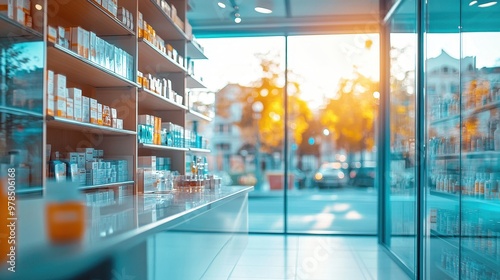 A modern pharmacy interior with shelves of medications and a view of a sunny street outside.