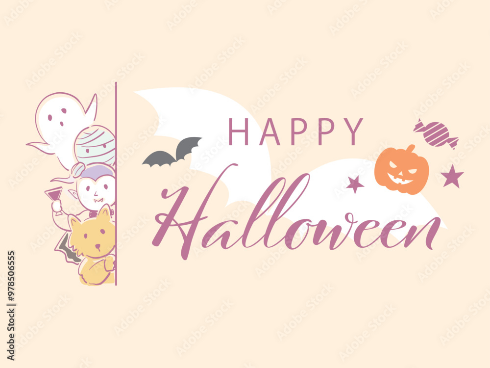 Hand-drawn cute Halloween title frame. Comical illustrations of a werewolf, Dracula, mummy, and ghost peeking out. Illustration for Halloween banners, posters, flyers, advertisements, and cards. Hand-drawn cute Halloween title frame. Comical illustrations of a werewolf, Dracula, mummy, and ghost peeking out. Illustration for Halloween banners, posters, flyers, advertisements, and cards.