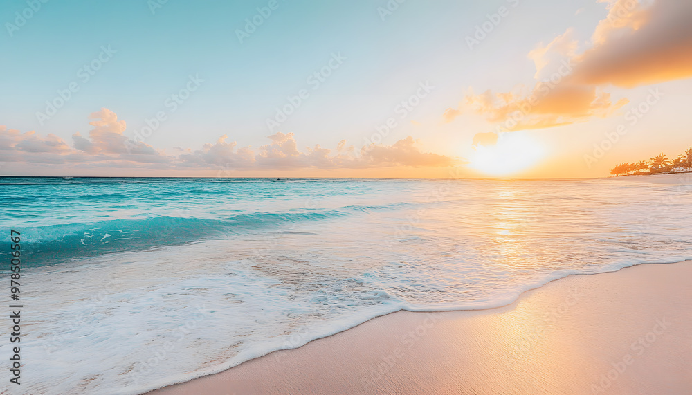 Fototapeta premium Crystal-clear turquoise waters with gentle waves lapping at a pristine beach under a golden sunset