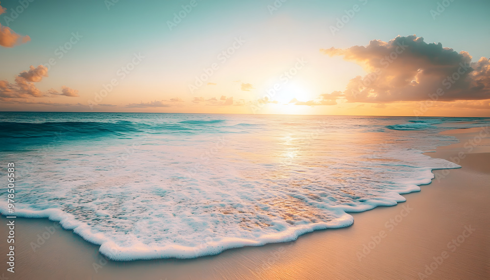 Obraz premium Crystal-clear turquoise waters with gentle waves lapping at a pristine beach under a golden sunset