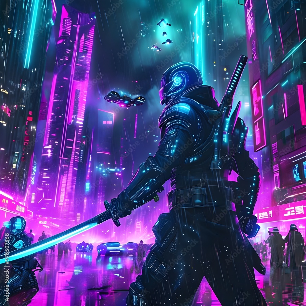 Obraz premium Neon Cityscape Warriors