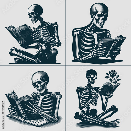A skeleton reading Book svg, Book lover svg, Reader Bookish svg, Book with flowers svg files for cricut