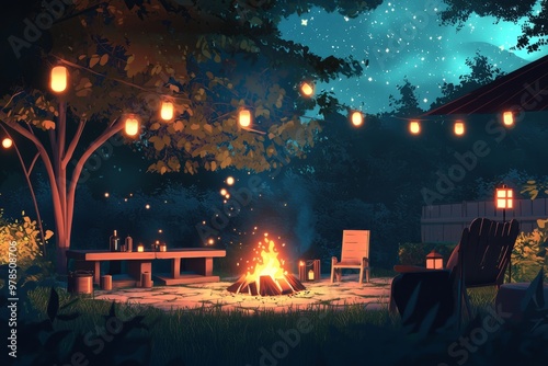 A Warm Backyard Campfire Surrounded By Cozy Seating And Softly Glowing Lanterns, With Friends Enjoying The Evening Under, Generative AI