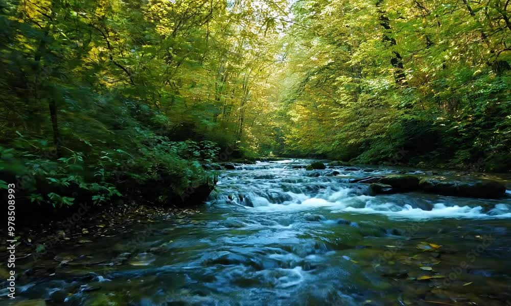 Slowly moving up a mountain stream with sunlight filtering through late summer trees Slowly moving up a mountain stream with sunlight filtering through late summer trees