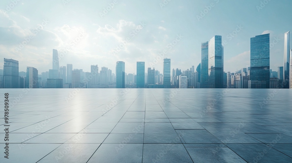 Empty square floor with modern city commercial buildings scenery. Panoramic view. generative ai Empty square floor with modern city commercial buildings scenery. Panoramic view. generative ai