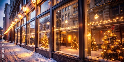 Festive street with twinkling lights and holiday decorations.