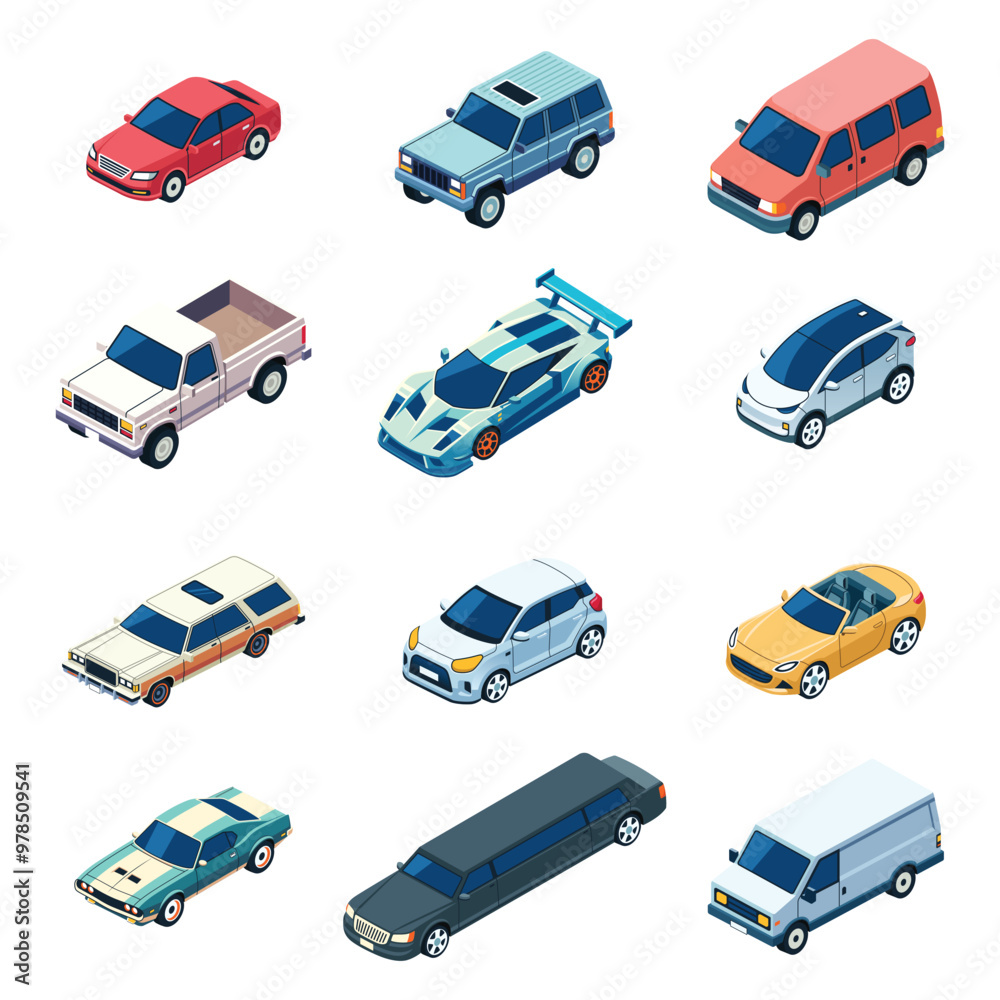 Naklejka premium Different Cars Vehicles Isometric Vector Illustration