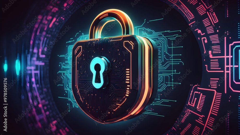 A futuristic padlock with a circuit board design on a dark background with glowing neon lights. A futuristic padlock with a circuit board design on a dark background with glowing neon lights.