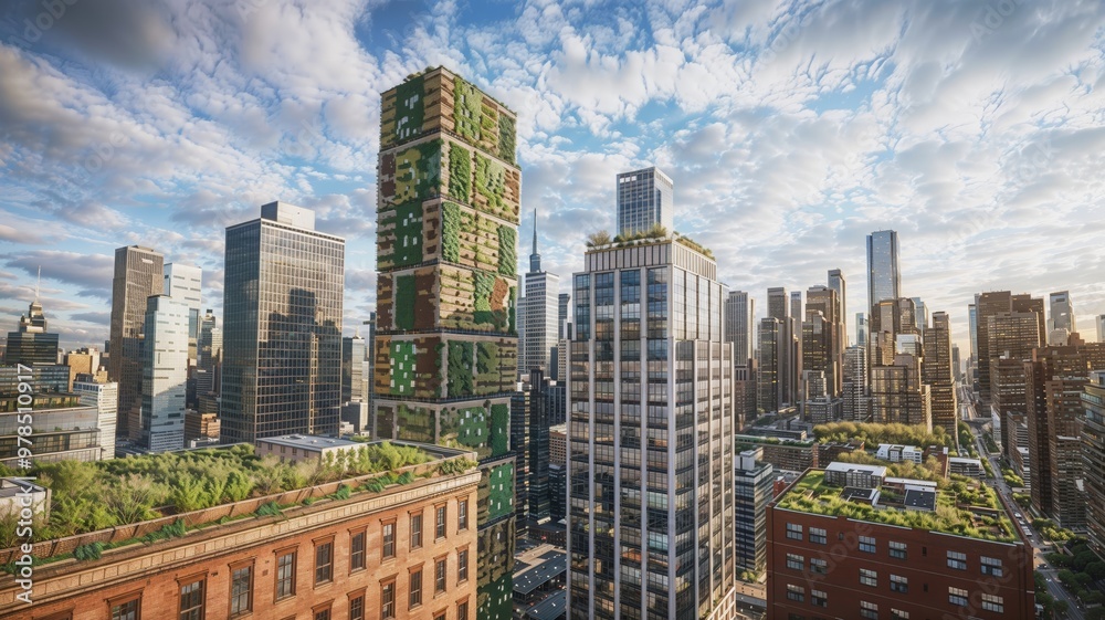 Fototapeta premium Modern city skyline featuring skyscrapers adorned with green roofs and vertical gardens, promoting sustainability and environmental innovation in urban design.