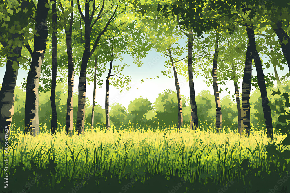 Fototapeta premium A serene forest scene with lush greenery and sunlight filtering through the trees.