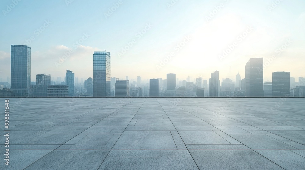Empty square floor with modern city commercial buildings scenery. Panoramic view. generative ai