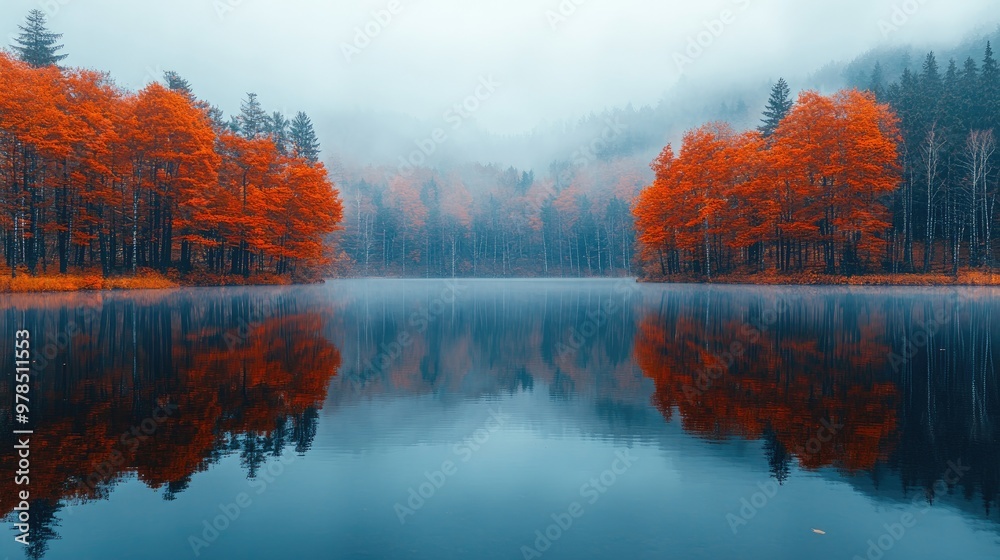 Obraz premium Colorful forest with fog reflecting in the lake in autumn