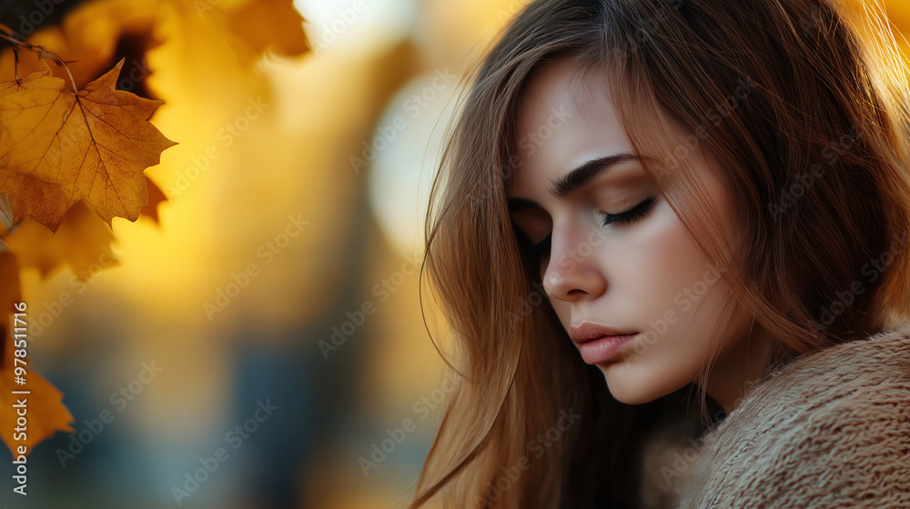 A woman with long hair gazes downward in contemplation, surrounded by the warm hues of autumn foliage, creating an atmosphere of tranquility and introspection, copy space A woman with long hair gazes downward in contemplation, surrounded by the warm hues of autumn foliage, creating an atmosphere of tranquility and introspection, copy space