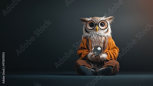 A whimsical owl character sits in a dark space, holding a glowing orb, blending fantasy and charm. photo