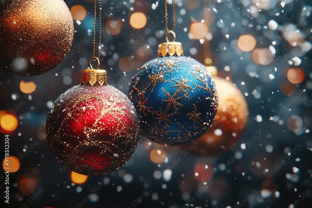 Christmas ornaments hanging with sparkling lights background Christmas ornaments hanging with sparkling lights background