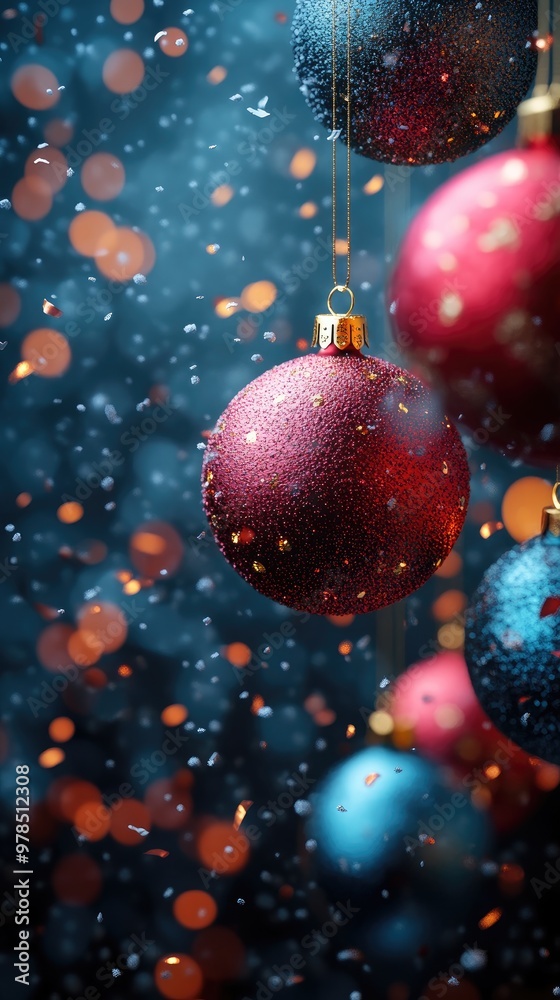Red and blue christmas baubles hanging with falling snow effect Red and blue christmas baubles hanging with falling snow effect