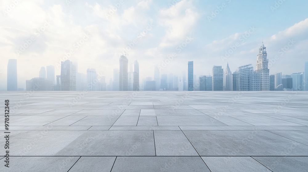 Empty square floor with modern city commercial buildings scenery. Panoramic view. generative ai Empty square floor with modern city commercial buildings scenery. Panoramic view. generative ai