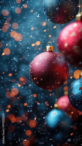 Red and blue christmas baubles hanging with falling snow effect