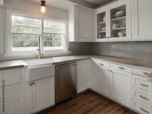 White Kitchen with Farmhouse Sink and Stainless Steel Dishwasher