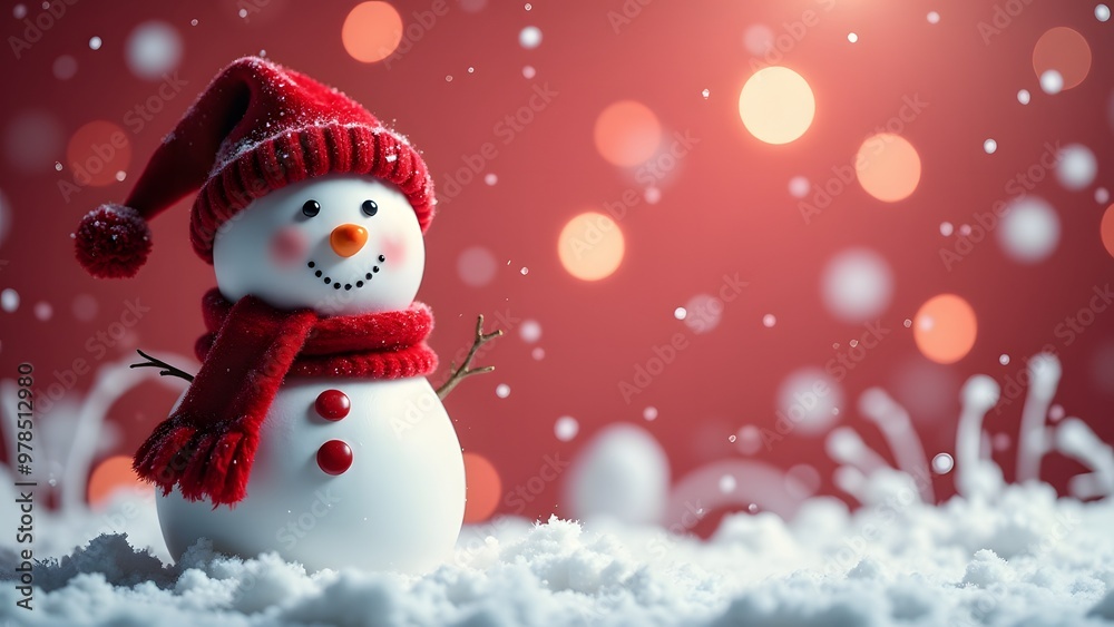 A snowman in a red hat and scarf stands in the snow with glowing bokeh lights in the background during sunset A snowman in a red hat and scarf stands in the snow with glowing bokeh lights in the background during sunset