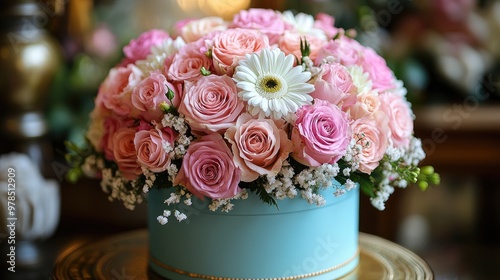 Bouquet of pink roses and white gerbera daisies overflowing a blue hatbox