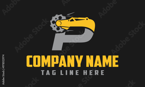 letter P excavator arm with saw logo design .