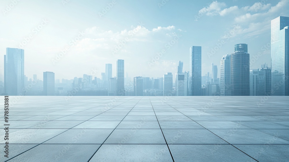 Empty square floor with modern city commercial buildings scenery. Panoramic view. generative ai Empty square floor with modern city commercial buildings scenery. Panoramic view. generative ai