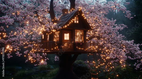 Magical treehouse illuminated by fairy lights in blooming tree