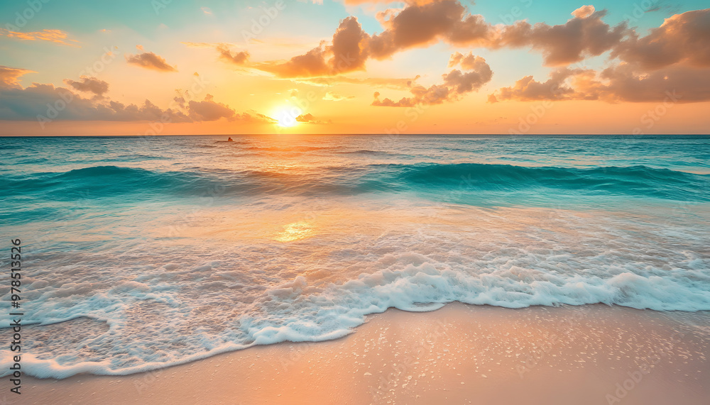 Obraz premium Crystal-clear turquoise waters with gentle waves lapping at a pristine beach under a golden sunset