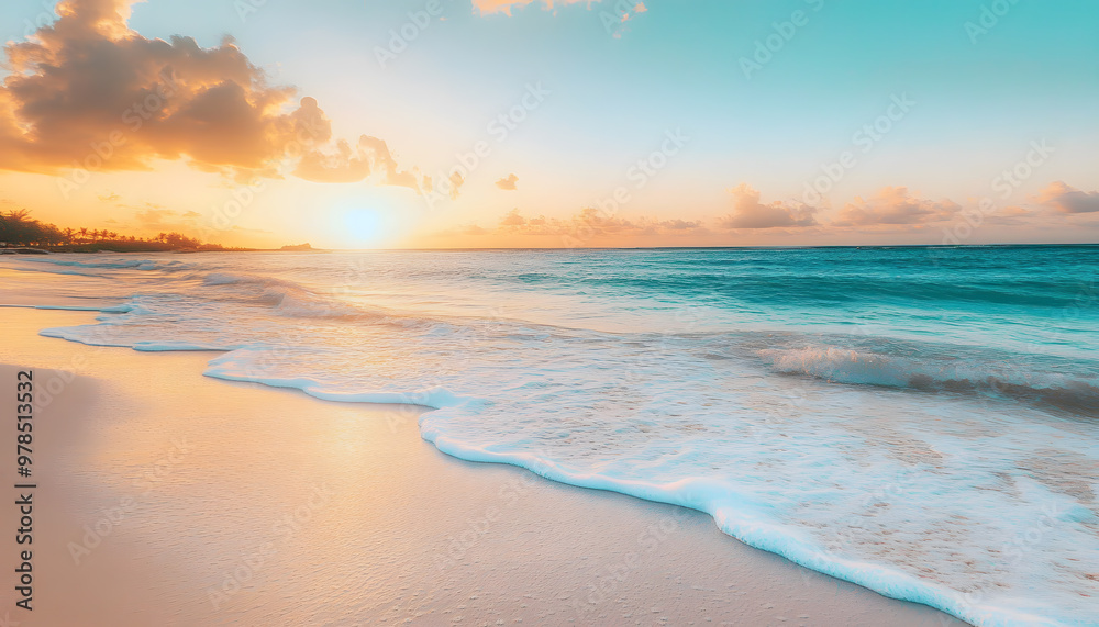 Obraz premium Crystal-clear turquoise waters with gentle waves lapping at a pristine beach under a golden sunset