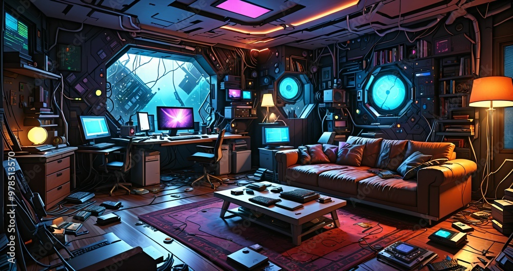 messy living room in futuristic sci fi house home in the woodland forest. abandoned room interior with computer technology and monitor displays in forest cabin. messy living room in futuristic sci fi house home in the woodland forest. abandoned room interior with computer technology and monitor displays in forest cabin.