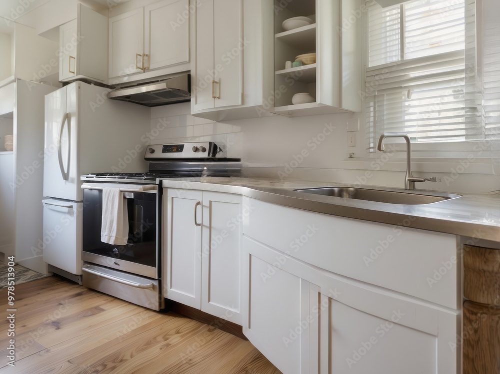 Modern White Kitchen with Curved Countertop and Stainless Steel Sink Modern White Kitchen with Curved Countertop and Stainless Steel Sink