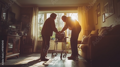 Caregiver Assisting Elderly Man with Walker at Home