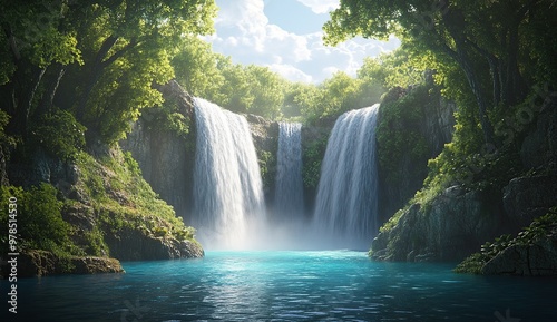 A wide shot of an epic fantasy landscape, the center is two waterfalls pouring into each other photo