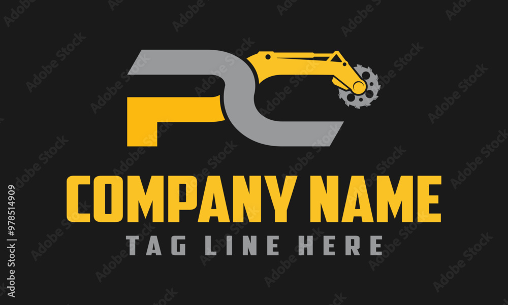 letter PC excavator arm with saw logo design . letter PC excavator arm with saw logo design .