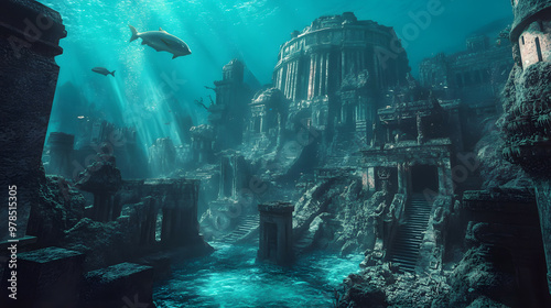 A landscape with large, well-preserved structures that are traces of an ancient civilization on the ocean floor.