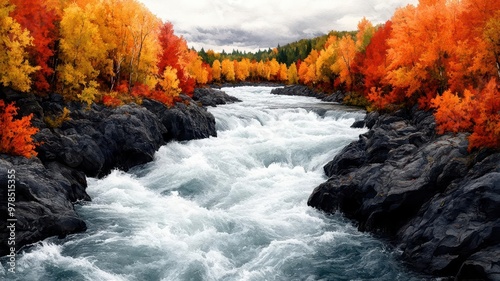 Eagles perspective of a river rapids, white water spray cascading over rocks, vibrant autumn foliage on either side, watercolor painting effect, serene yet powerful scene photo