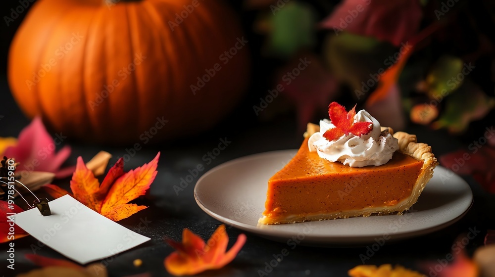 A delicious slice of pumpkin pie topped with whipped cream, surrounded by autumn leaves and a pumpkin, perfect for fall celebrations. A delicious slice of pumpkin pie topped with whipped cream, surrounded by autumn leaves and a pumpkin, perfect for fall celebrations.