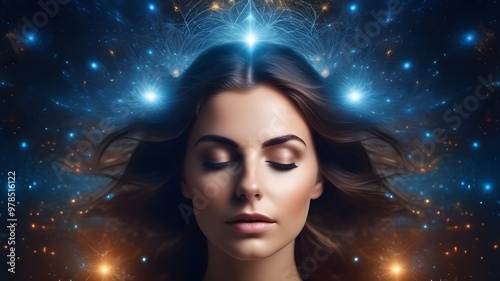 Woman meditates, neural connections, astral dreaming, visualization, alpha, theta waves.
