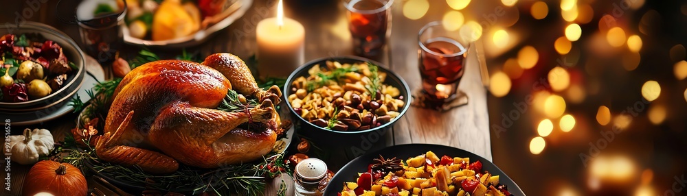 A beautifully arranged festive dinner featuring succulent turkey, colorful sides, and warm ambiance perfect for celebrations. A beautifully arranged festive dinner featuring succulent turkey, colorful sides, and warm ambiance perfect for celebrations.