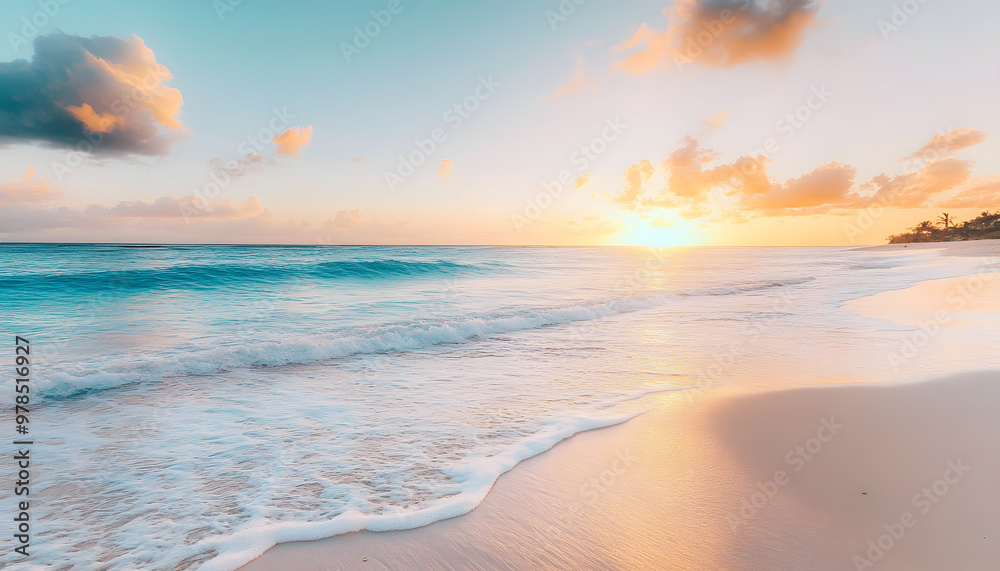 Fototapeta premium Crystal-clear turquoise waters with gentle waves lapping at a pristine beach under a golden sunset