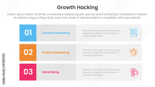 growth hacking infographic 3 point with 3 block row rectangle content stack for slide presentation