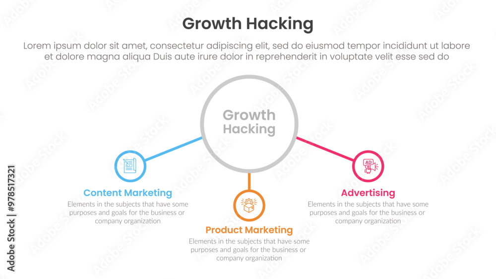 growth hacking infographic 3 point with big outline circle and connected line content for slide presentation growth hacking infographic 3 point with big outline circle and connected line content for slide presentation
