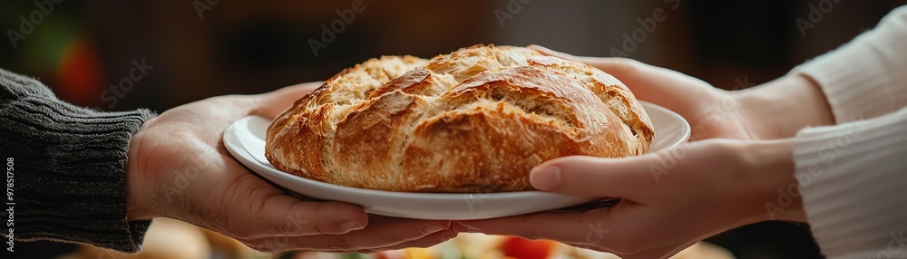 Two hands exchanging a freshly baked loaf of bread on a plate, symbolizing warmth and sharing in a cozy setting. Two hands exchanging a freshly baked loaf of bread on a plate, symbolizing warmth and sharing in a cozy setting.