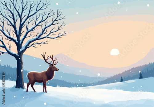 Serenity in Snow A Winter Landscape with a Majestic Deer vector and illustration