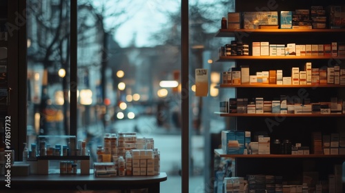 A pharmacy interior showcasing shelves filled with various health products and a street view.