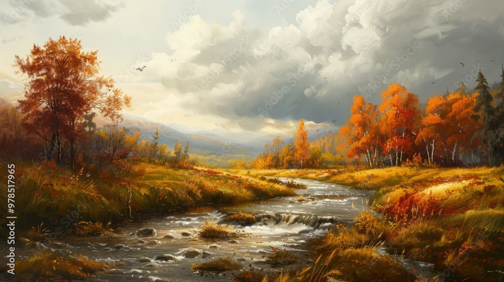 Autumn Landscape with Stream and Golden Trees Autumn Landscape with Stream and Golden Trees