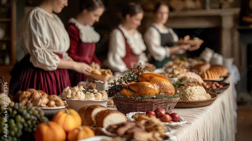 A beautiful display of traditional feast with women serving a variety of foods, showcasing a warm and inviting atmosphere. A beautiful display of traditional feast with women serving a variety of foods, showcasing a warm and inviting atmosphere.