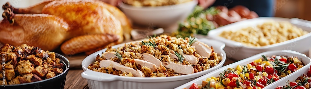 A festive table spread featuring delicious holiday dishes including turkey, stuffing, and colorful salads, perfect for any celebration. A festive table spread featuring delicious holiday dishes including turkey, stuffing, and colorful salads, perfect for any celebration.